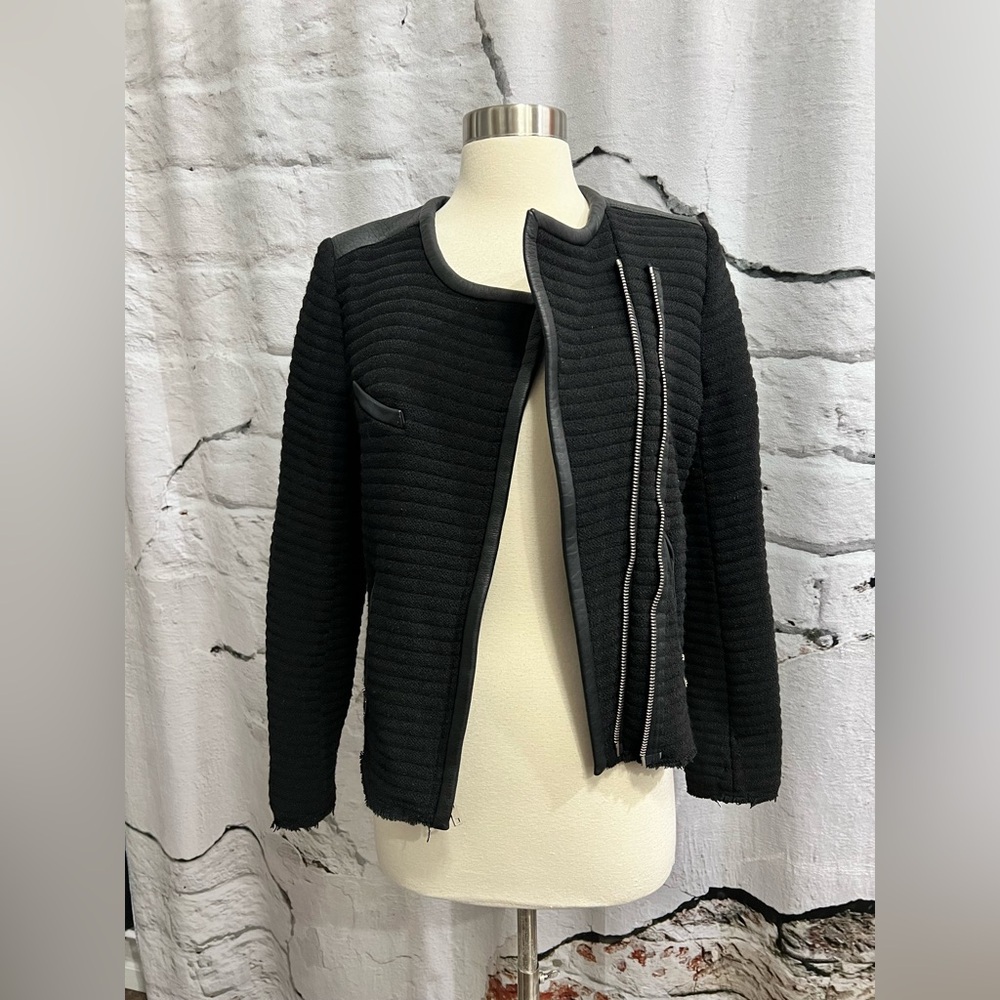 IRO Maiden Boucle‎ Knit Moto Jacket - Black Leather Trim Edgy Professional - Picture 10 of 12